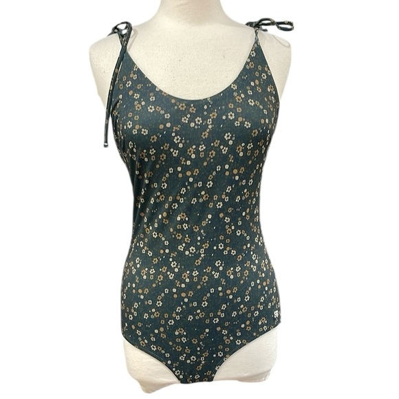 Albion The Flora One Piece Scoop Neck Tie Strap Swimsuit Blue Tan SZ L - Picture 4 of 7